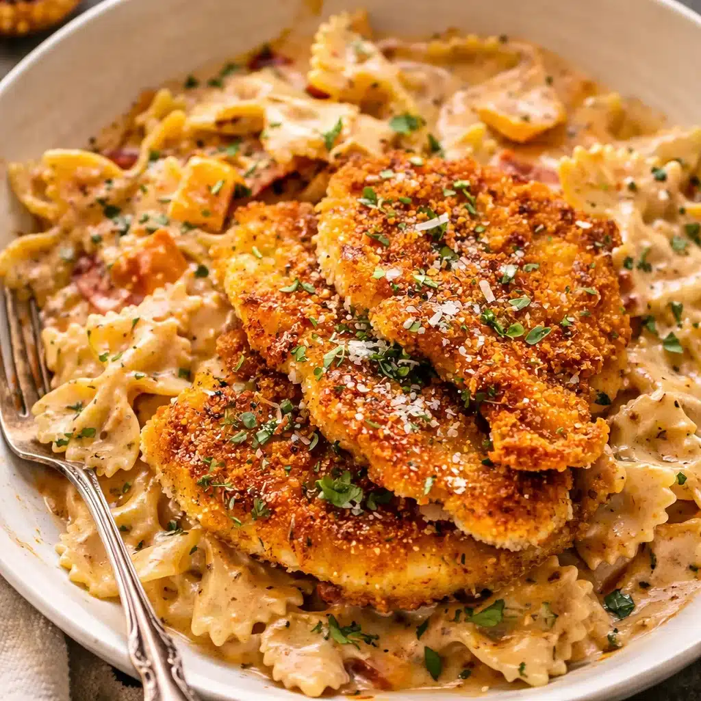 Cajun Chicken and Garlic Parmesan Linguine served in a creamy sauce with fresh herbs.