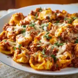 Creamy cheesy tortellini bake with Italian sausage and herbs