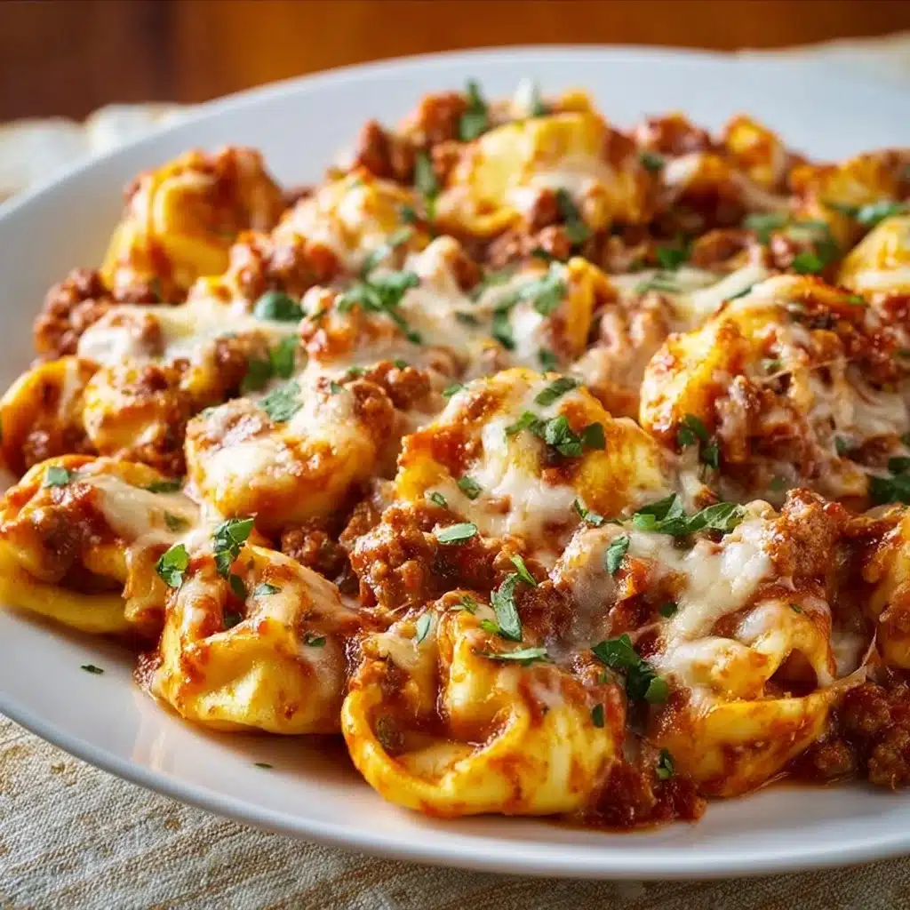 Creamy cheesy tortellini bake with Italian sausage and herbs