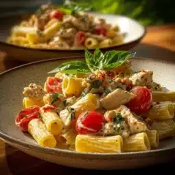 Delicious creamy Chicken Feta Pasta served in a bowl