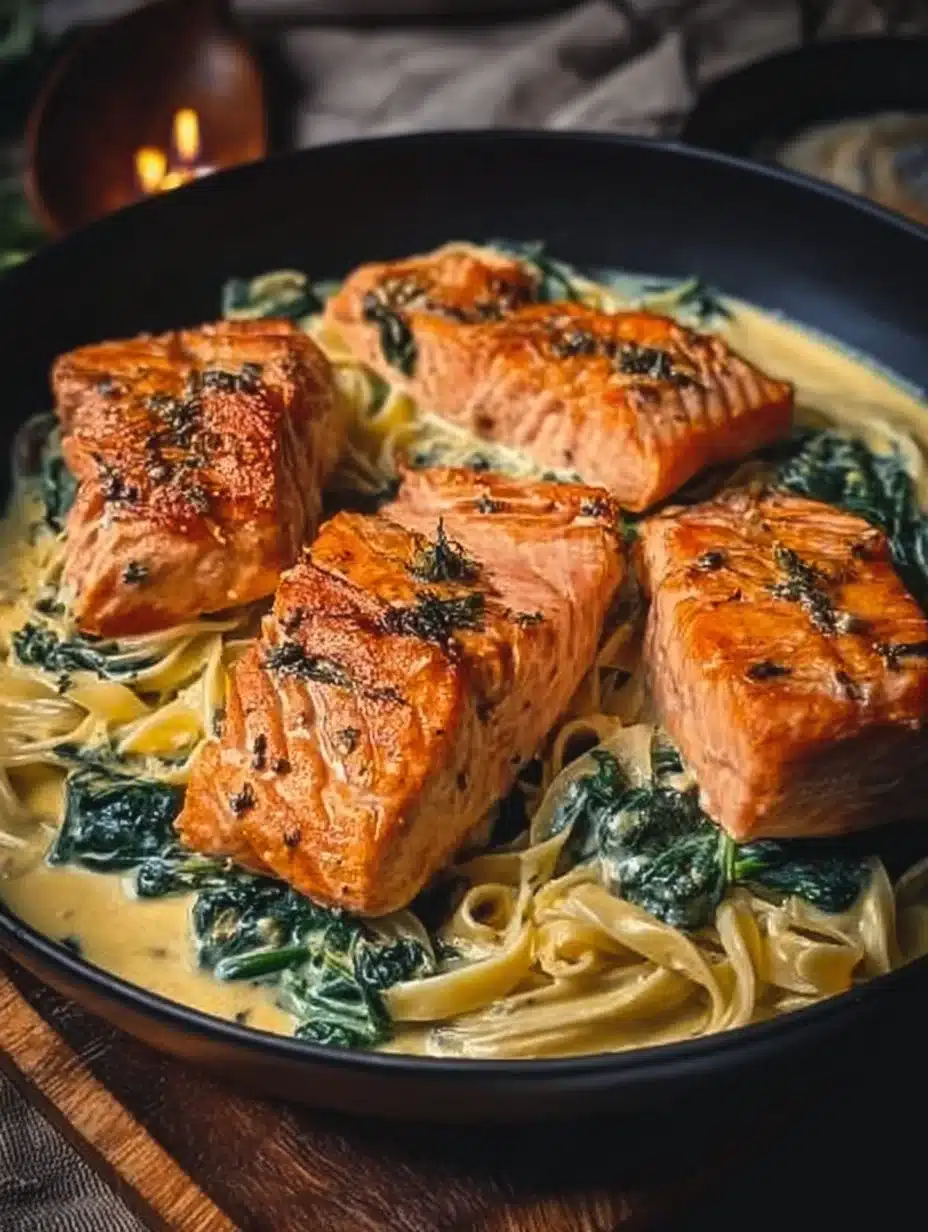 Creamy garlic spinach parmesan salmon dish garnished with herbs