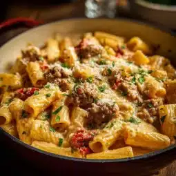 Creamy Italian sausage rigatoni served in a bowl with herbs