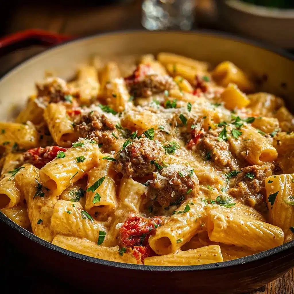 Creamy Italian sausage rigatoni served in a bowl with herbs