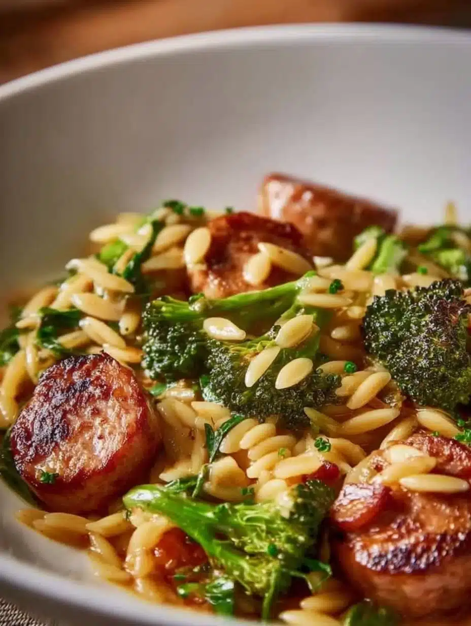 Creamy orzo with chicken sausage and broccoli in a bowl