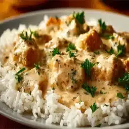 Delicious creamy smothered chicken served over rice