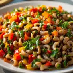 Bowl of creamy spiced black-eyed peas garnished with herbs