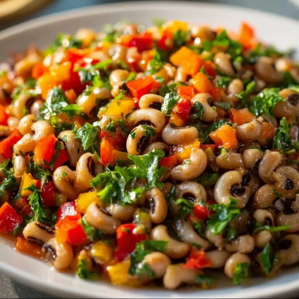 Bowl of creamy spiced black-eyed peas garnished with herbs