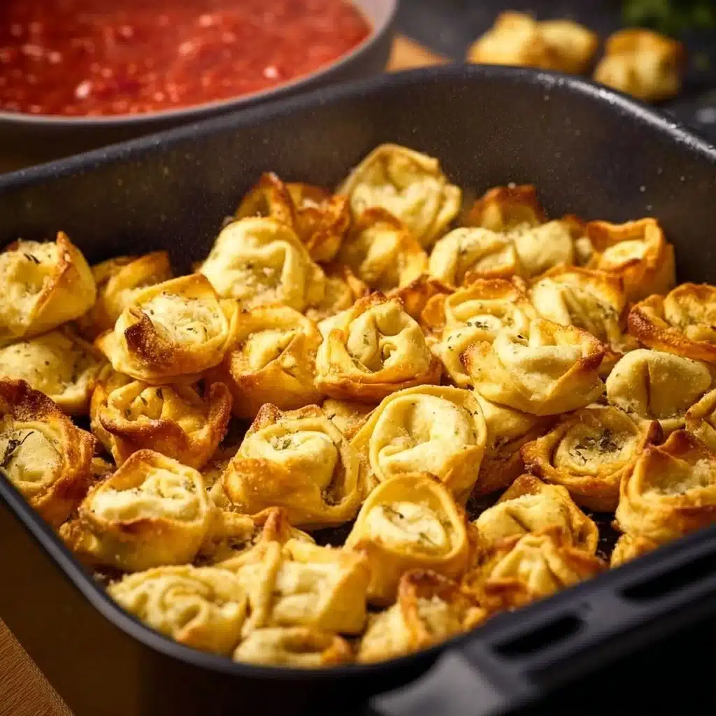 Crispy air fryer tortellini served in a bowl with dipping sauce