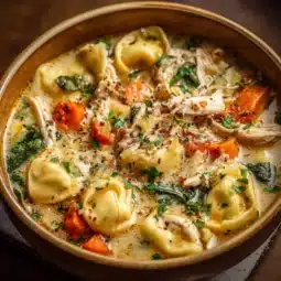 Bowl of Crockpot Chicken Tortellini Soup with vegetables and chicken