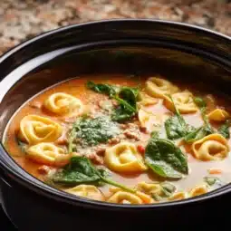 Bowl of comforting Crockpot tortellini soup with fresh ingredients