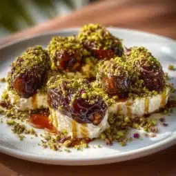 Delicious dates cream cheese bites with pistachio and honey topping