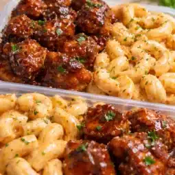 High-Protein Honey BBQ Chicken Mac & Cheese dish served in a bowl with BBQ glaze