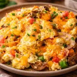 Delicious loaded scrambled eggs topped with cheese and fresh veggies