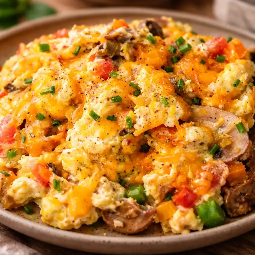 Delicious loaded scrambled eggs topped with cheese and fresh veggies