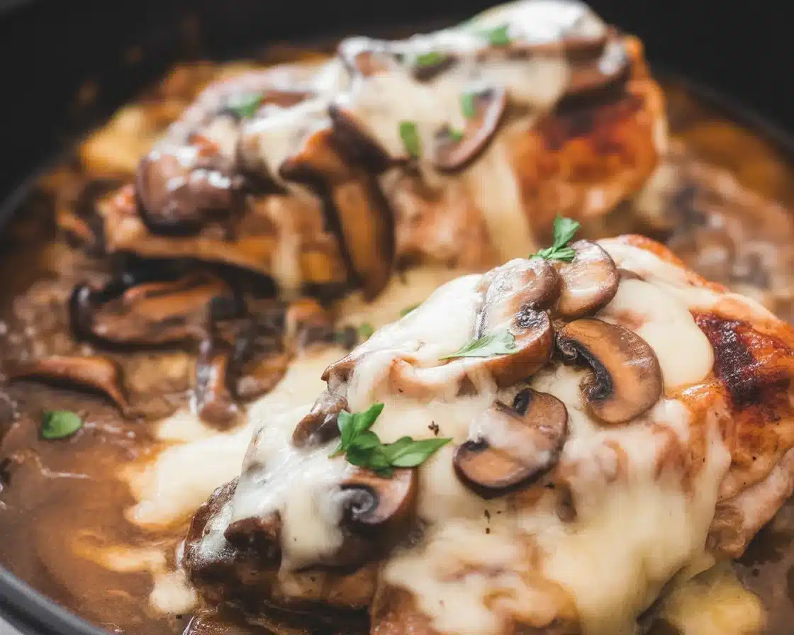 Texas Roadhouse Smothered Chicken with mushrooms and melted cheese on a plate.