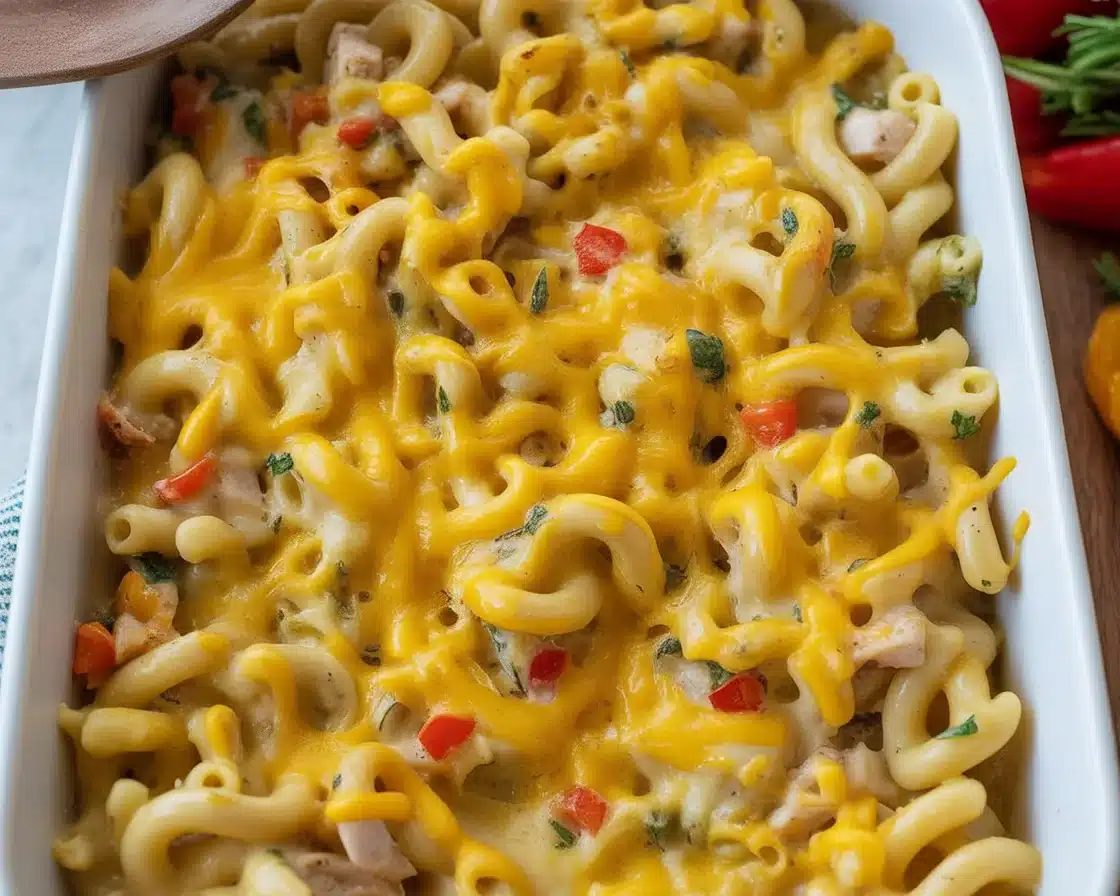 A delicious serving of Paula Deen's Amazing Chicken Casserole with creamy sauce and cheese.
