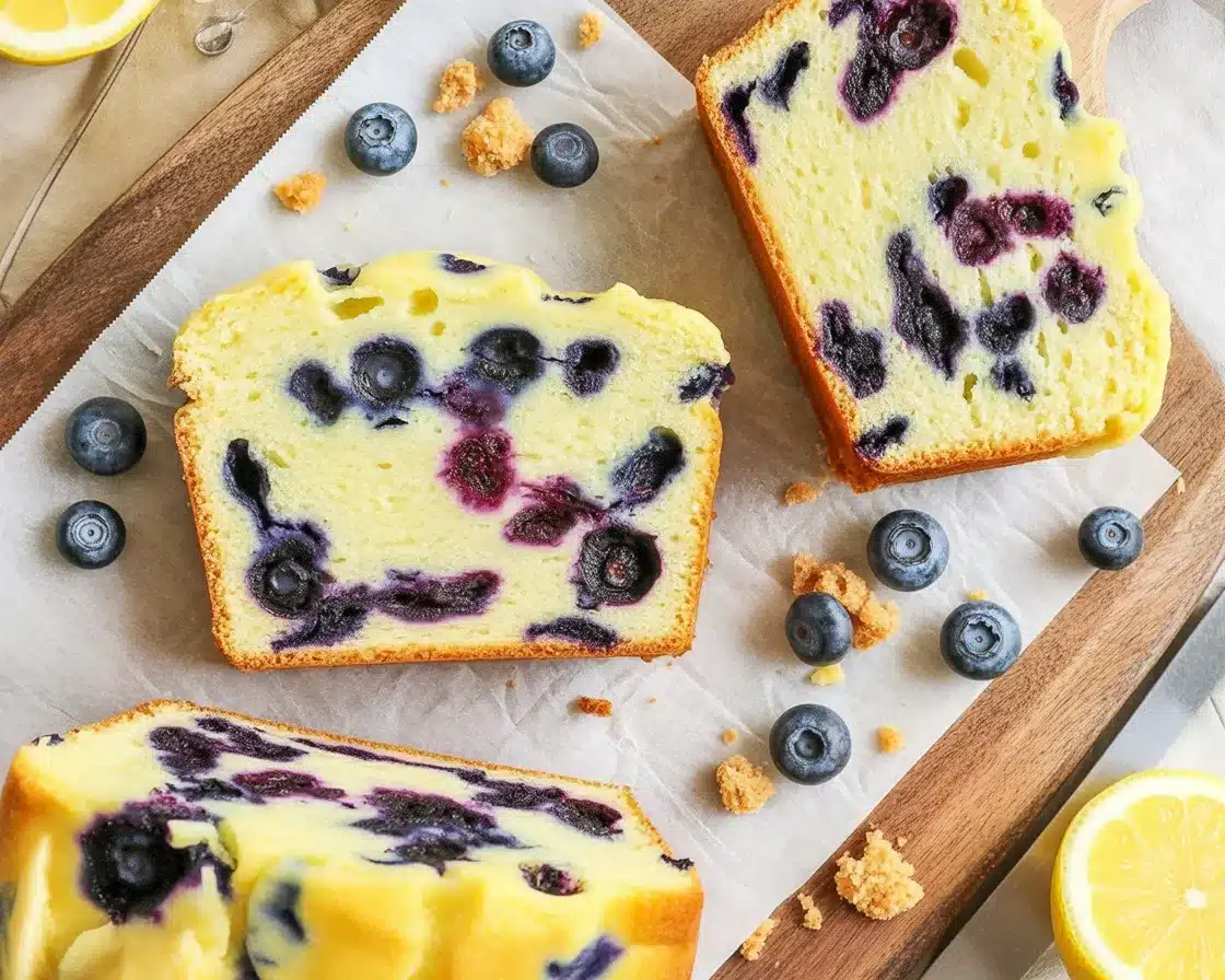 Lemon Blueberry Ricotta Loaf Cake topped with lemon glaze and fresh blueberries.