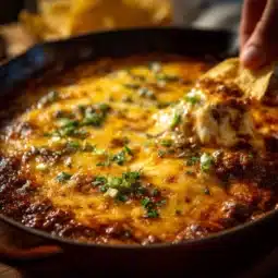 Bowl of Easy 3 Ingredient Chili Cheese Dip with tortilla chips