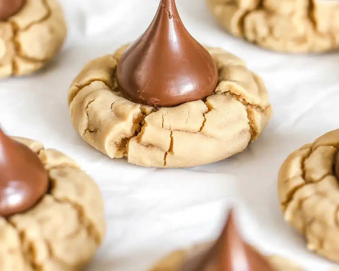 4-Ingredient Peanut Butter Kiss Cookies with chocolate Hershey's Kisses in the center