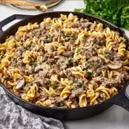 Bowl of easy ground beef stroganoff with mushrooms and noodles