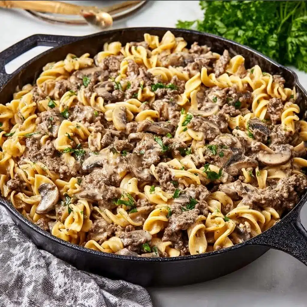Bowl of easy ground beef stroganoff with mushrooms and noodles