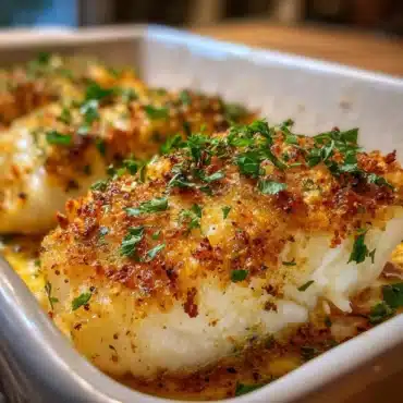 Delicious oven baked cod fillets seasoned and ready to serve.
