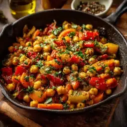 Colorful easy spiced vegetable chickpea skillet with fresh ingredients