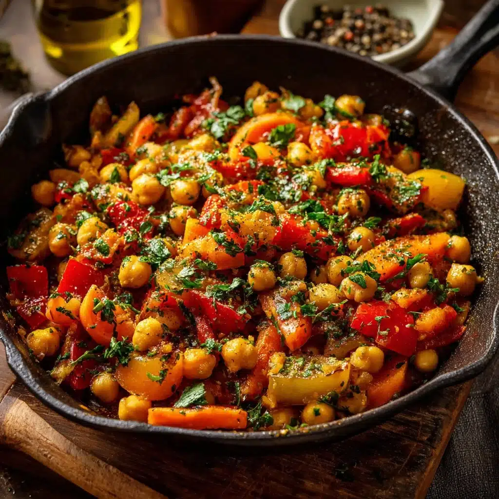 Colorful easy spiced vegetable chickpea skillet with fresh ingredients