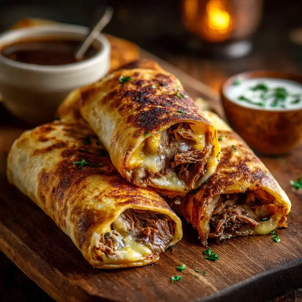 French Dip Tortilla Roll Ups filled with savory beef and cheese, served with dipping sauce.