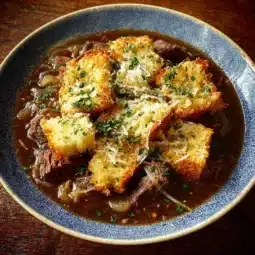 Delicious French Onion Beef Stew in a bowl, garnished with herbs.