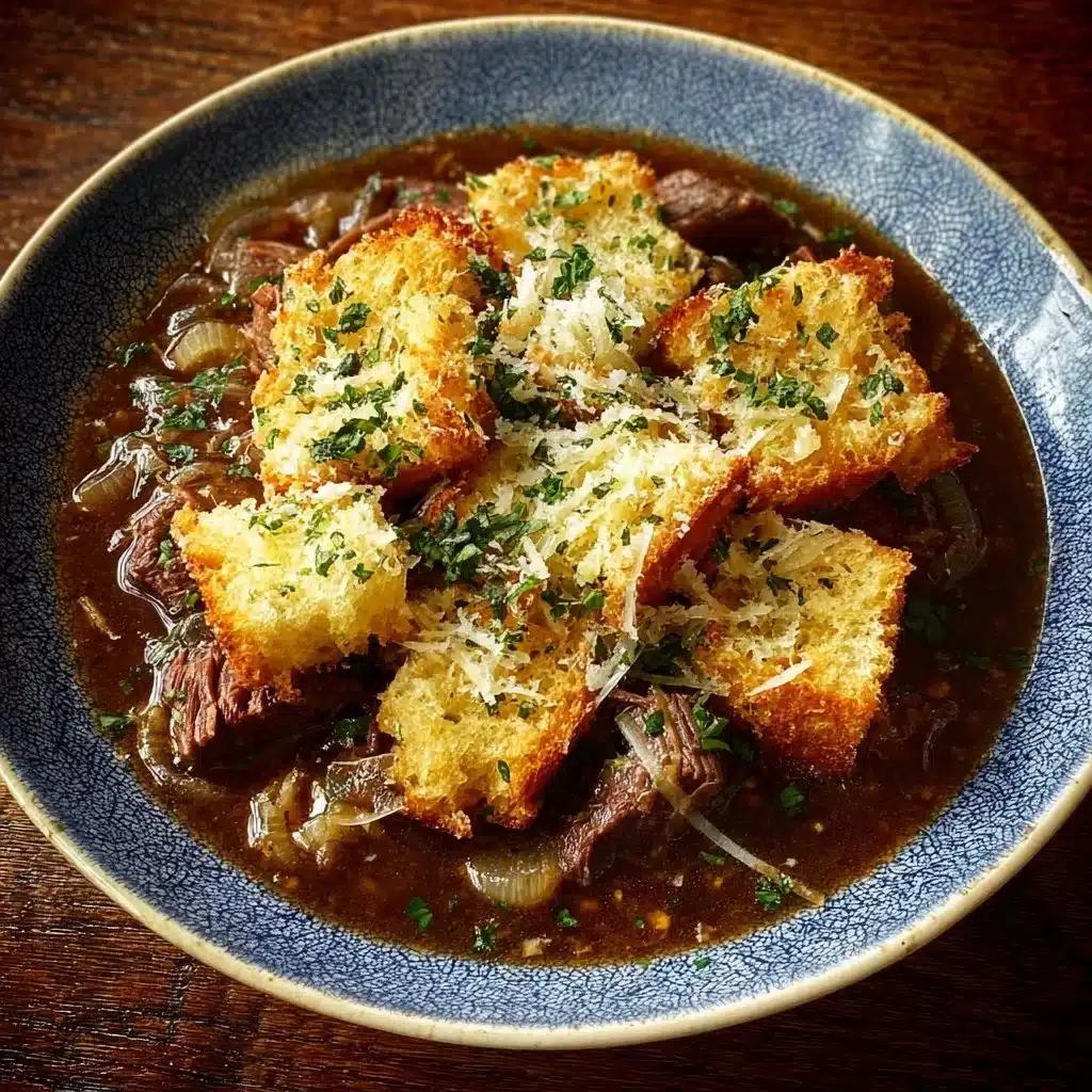 Delicious French Onion Beef Stew in a bowl, garnished with herbs.