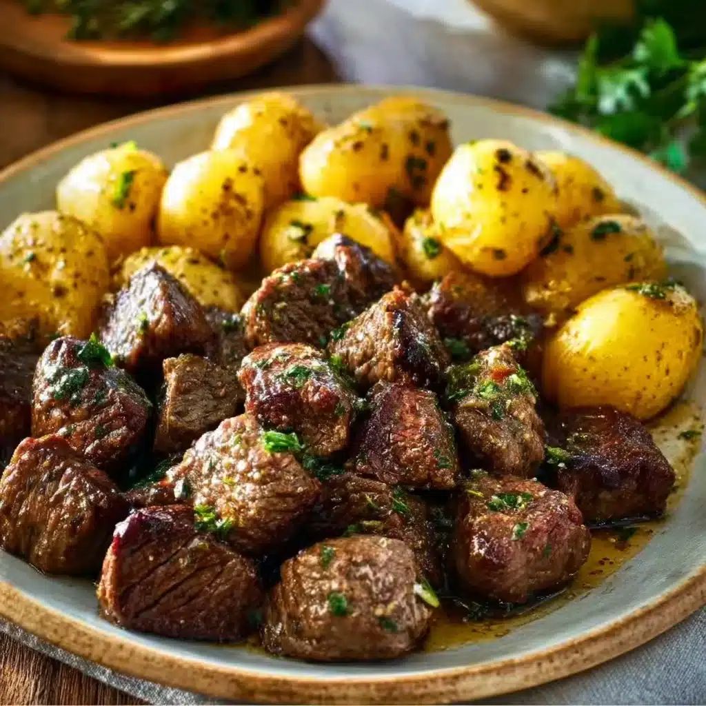 Garlic butter beef bites served with baby potatoes on a plate