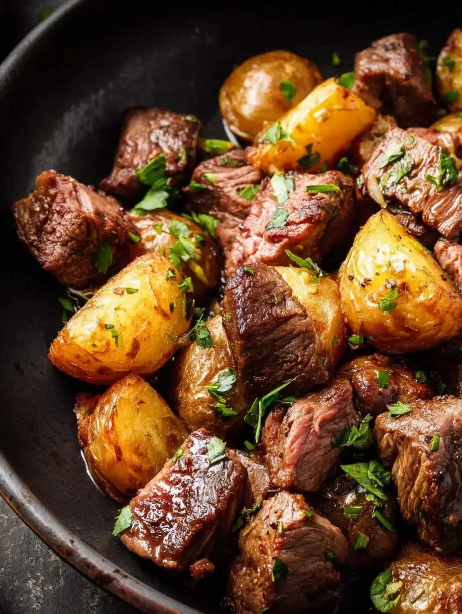 Delicious garlic butter steak bites served with crispy potatoes