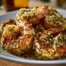 Delicious Garlic Herb-Baked Shrimp Oreganata garnished with fresh herbs.