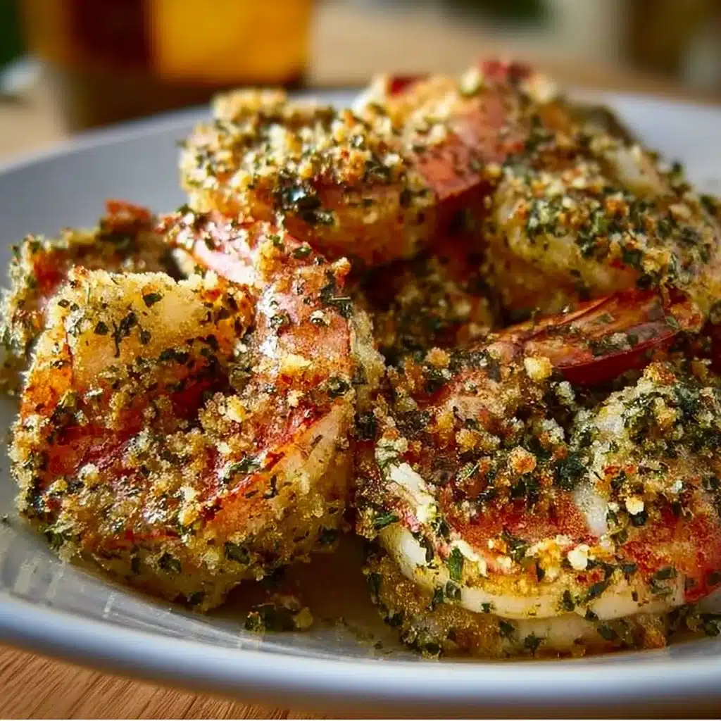 Delicious Garlic Herb-Baked Shrimp Oreganata garnished with fresh herbs.