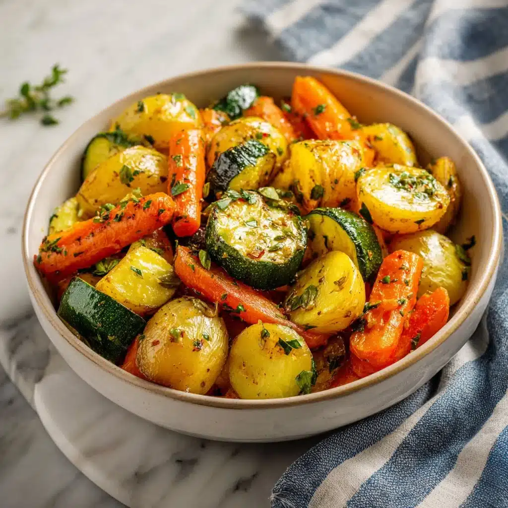 A dish of garlic herb roasted potatoes, carrots, and zucchini, beautifully presented.