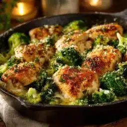 Plate of Garlic Parmesan Chicken served with broccoli garnish