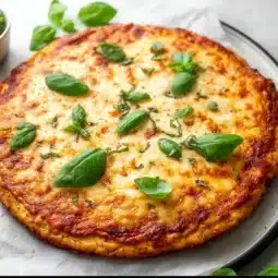 Gluten-free protein pizza topped with fresh vegetables and cheese