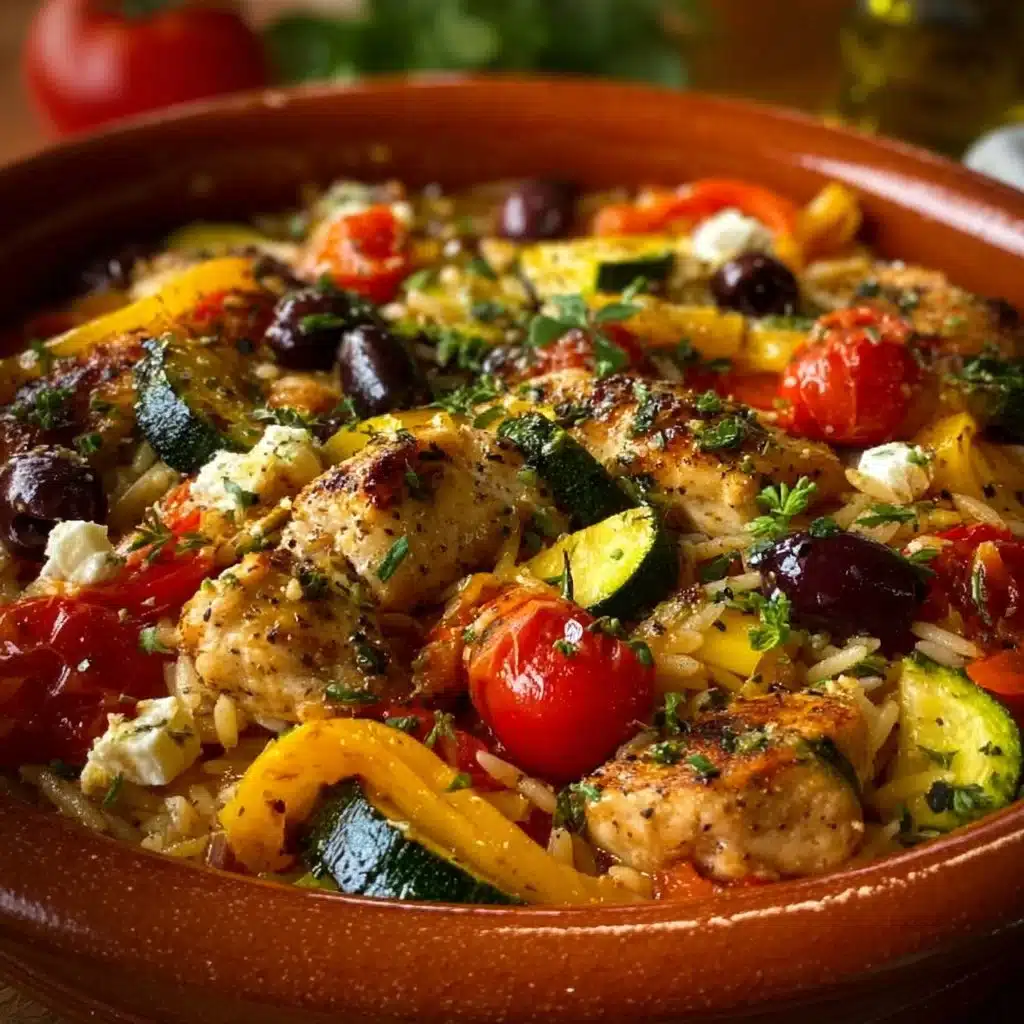 Delicious Greek casserole featuring chicken and colorful vegetables