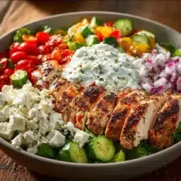 Delicious Greek Chicken Bowl with fresh vegetables and herbs
