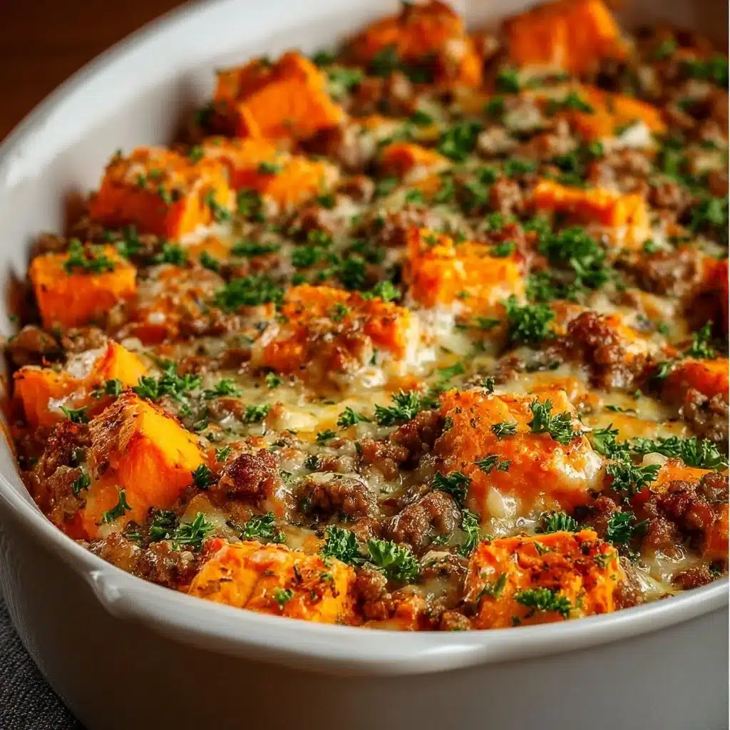 Ground Turkey Sweet Potato Bake served in a baking dish with herbs