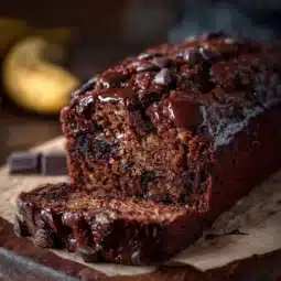 Guilt-free chocolate banana bread loaf with chocolate chips and bananas