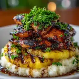 Delicious Hawaiian Huli Huli Chicken Stack served with fresh vegetables.
