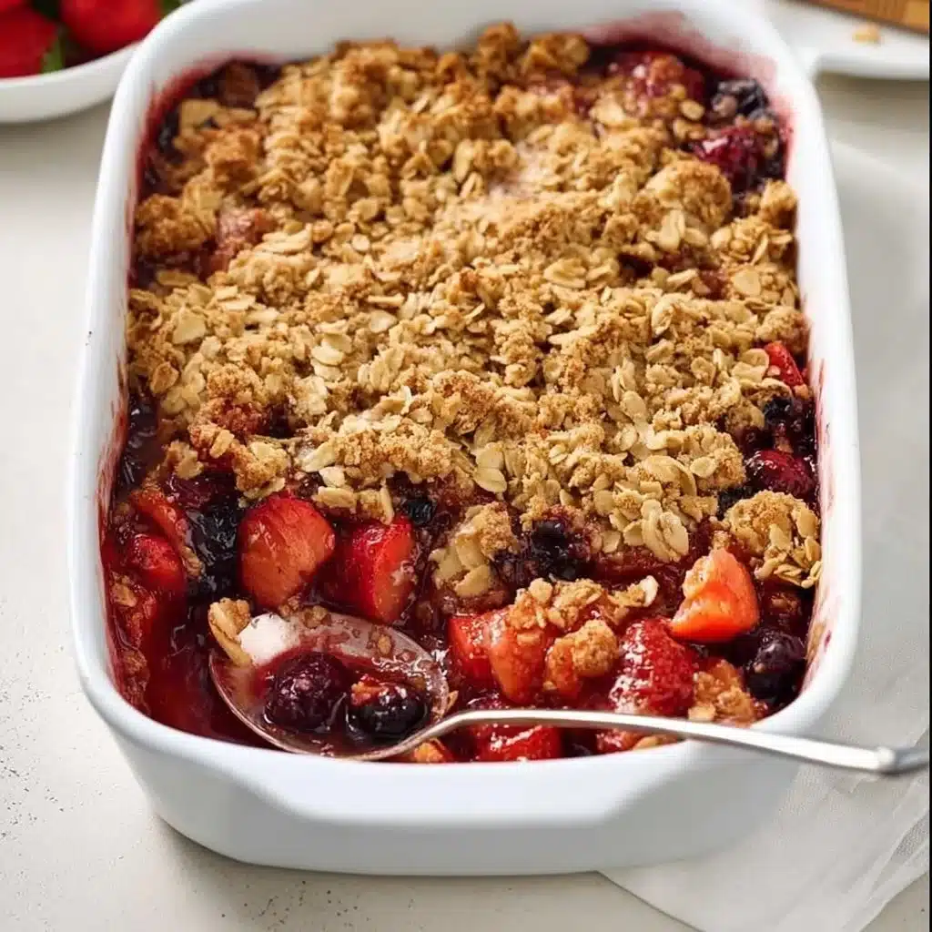 Healthy berry crisp dessert topped with oats and fresh berries