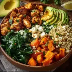 Healthy chicken and sweet potato rice bowl with vibrant vegetables