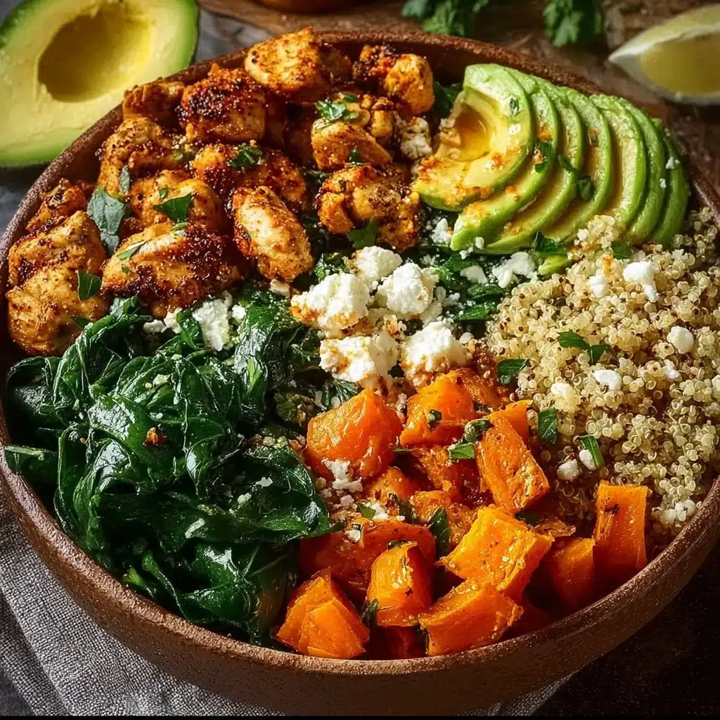 Healthy chicken and sweet potato rice bowl with vibrant vegetables
