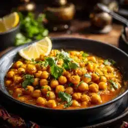 Bowl of healthy chickpea curry with spices and herbs