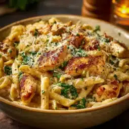Healthy garlic parmesan chicken pasta served in a bowl with herbs