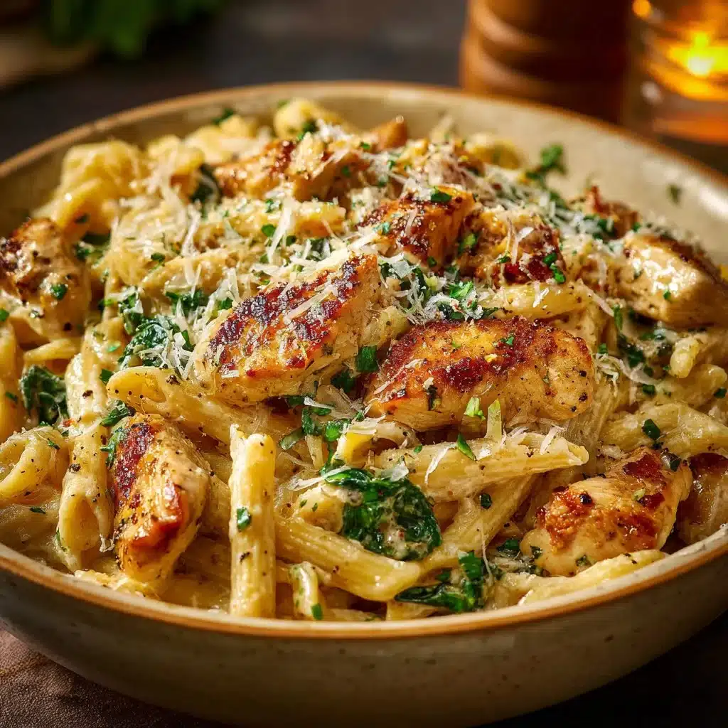 Healthy garlic parmesan chicken pasta served in a bowl with herbs