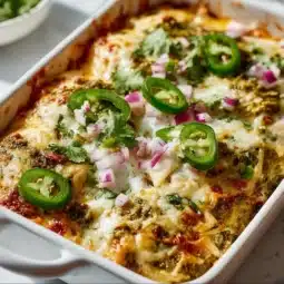 Healthy salsa verde chicken casserole served in a dish
